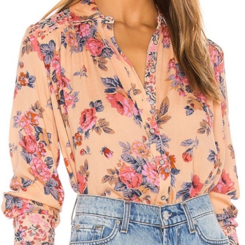 Free People Hold On To Me Button Down Shirt Coral Combo - Picture 7 of 15